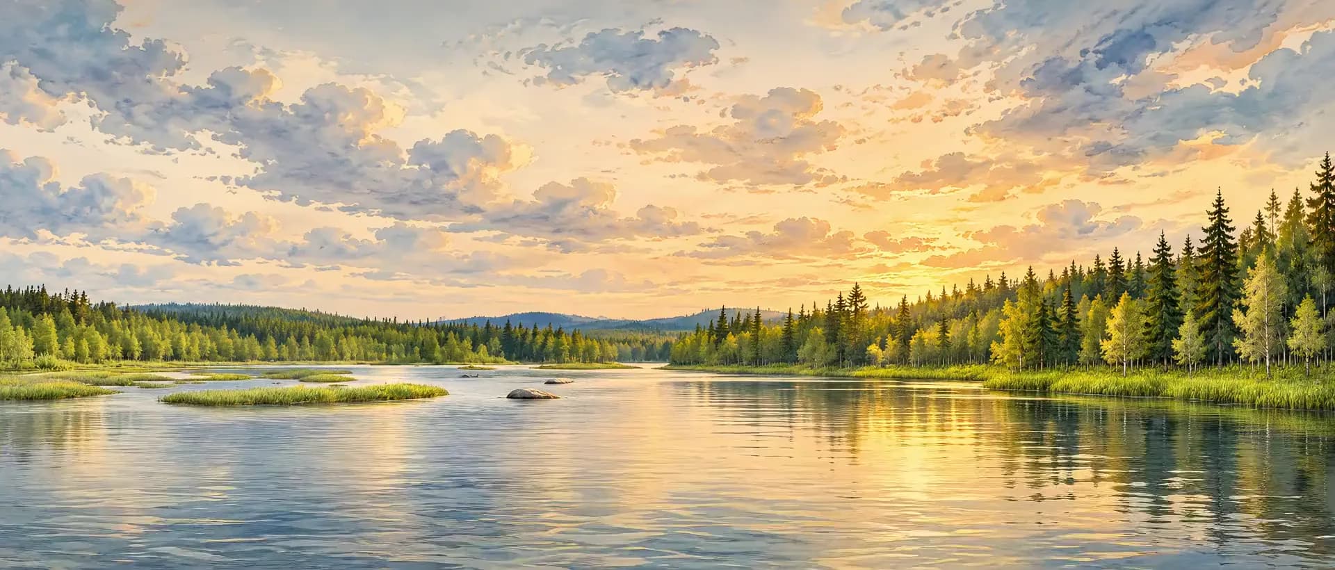Aquarelle : lac et forêt de Laponie au soleil du soir